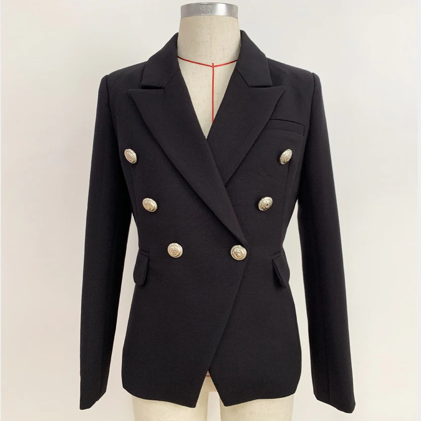 HIGH STREET 2023 Classic Designer Blazer Women's Double Breasted Metal Lion Silver Buttons Pique Blazer Jacket - Image 6