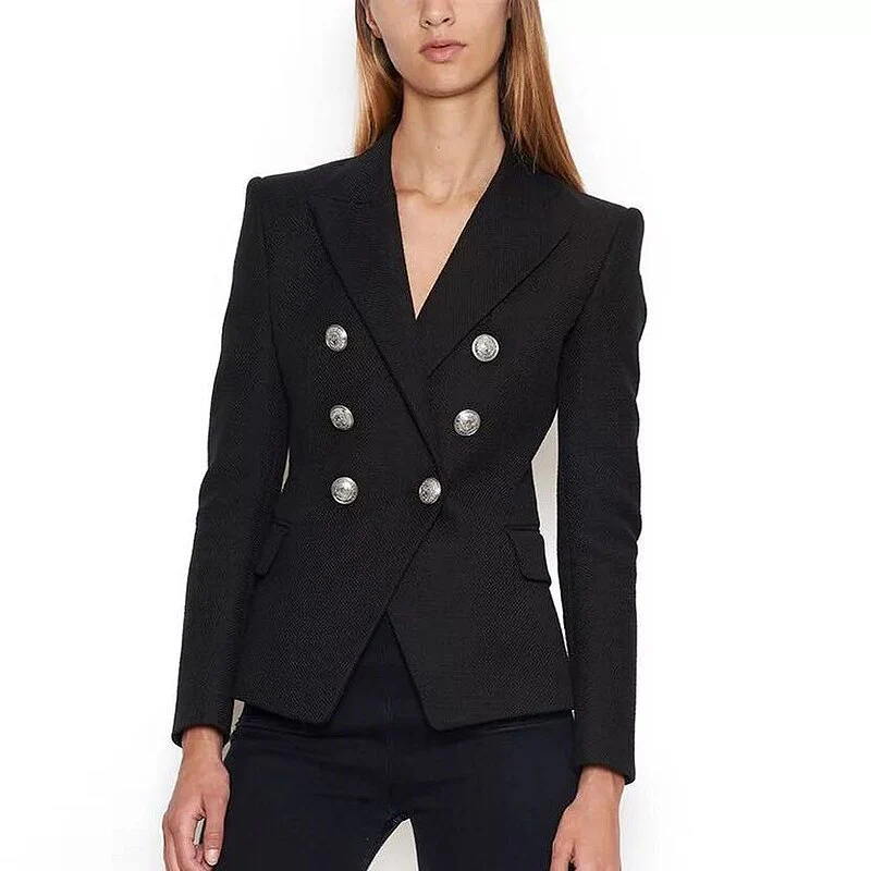 HIGH STREET 2023 Classic Designer Blazer Women's Double Breasted Metal Lion Silver Buttons Pique Blazer Jacket - Image 8
