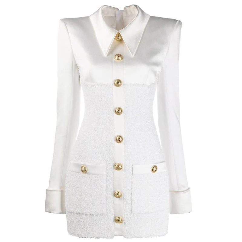 HIGH STREET 2023 New Stylish Designer Dress Women's Long Sleeve Satin Tweed Patchwork Lion Buttons Dress