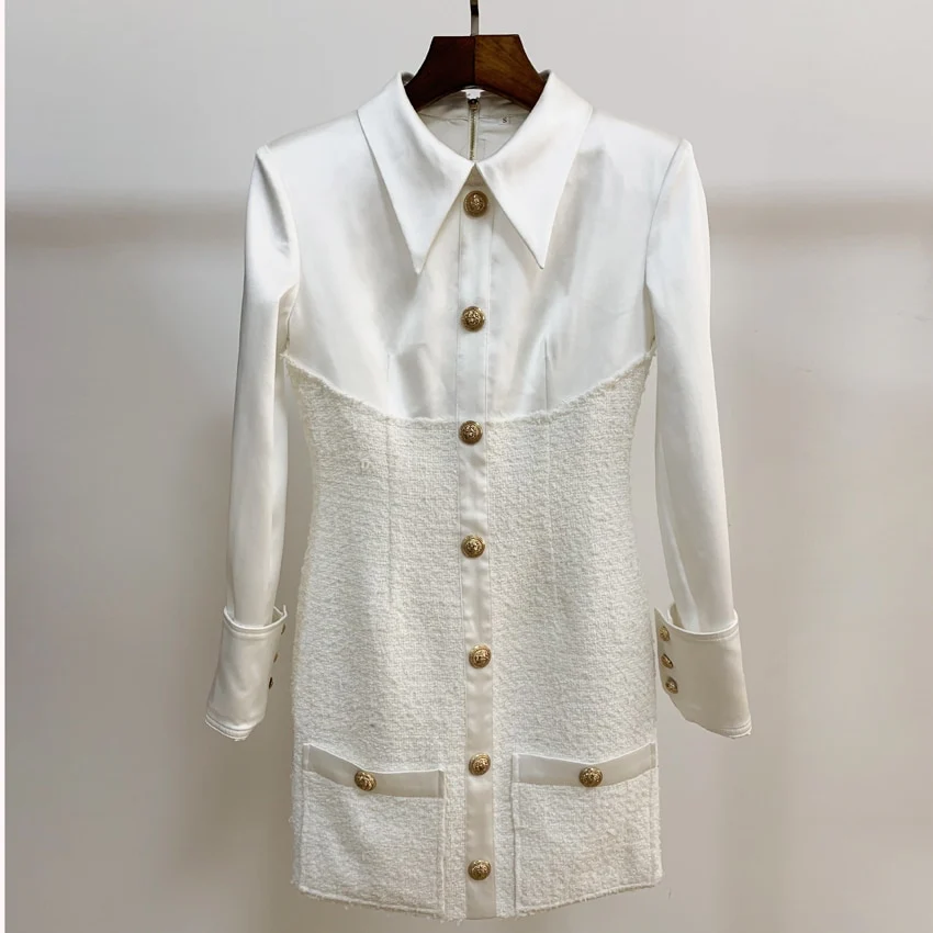 HIGH STREET 2023 New Stylish Designer Dress Women's Long Sleeve Satin Tweed Patchwork Lion Buttons Dress - Image 2