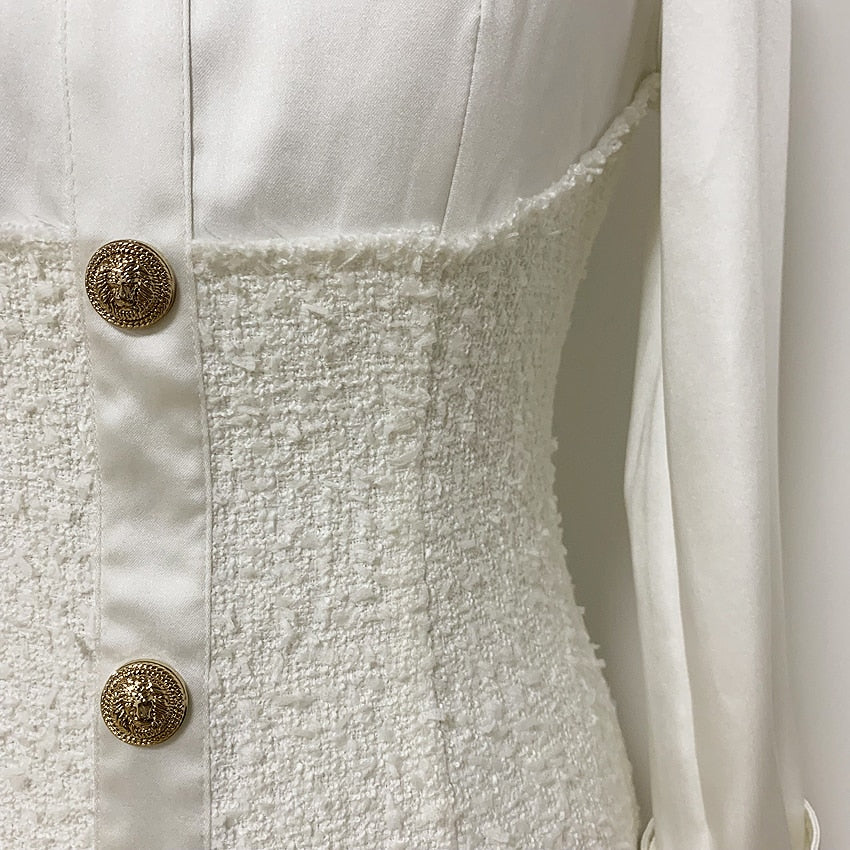 HIGH STREET 2023 New Stylish Designer Dress Women's Long Sleeve Satin Tweed Patchwork Lion Buttons Dress - Image 4