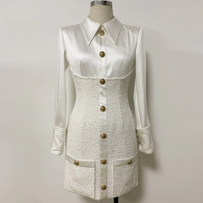 HIGH STREET 2023 New Stylish Designer Dress Women's Long Sleeve Satin Tweed Patchwork Lion Buttons Dress - Image 5