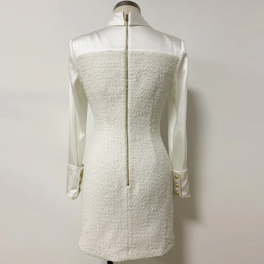 HIGH STREET 2023 New Stylish Designer Dress Women's Long Sleeve Satin Tweed Patchwork Lion Buttons Dress - Image 6