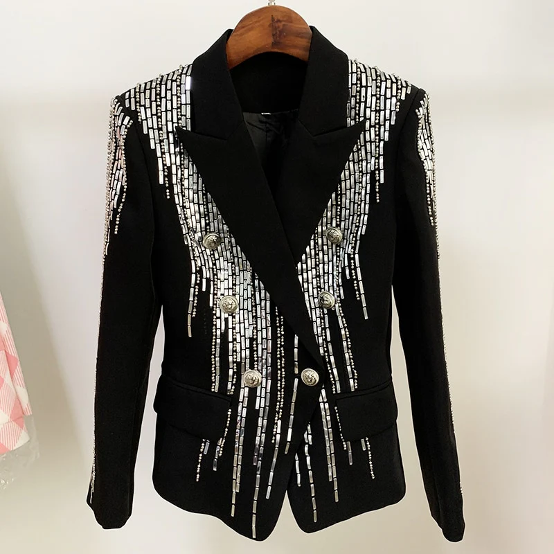 HIGH STREET 2023 Newest Fashion Designer Jacket Women's Double Breasted Luxurious Stunning Silver Metal Buttons Beaded Blazer