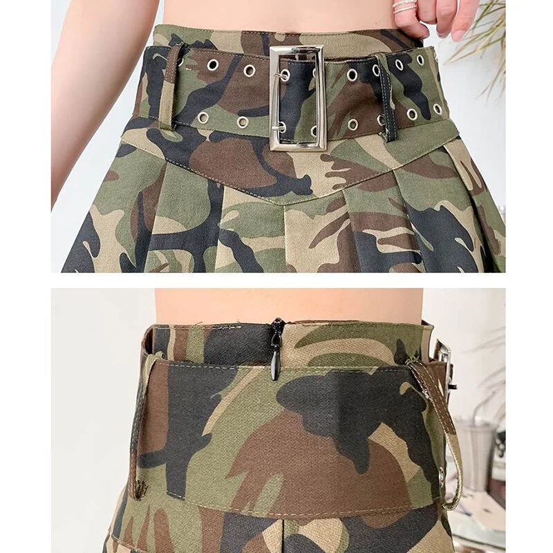 High Street Camouflage Cargo Skits Women Summer 2023 Big Buckle Belt Mini Skirt Woman Harajuku A Line Pleated Skirts Female - Image 3