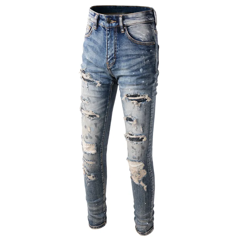 High Street Fashion Men Jeans Retro Blue Elastic Slim Fit Destroyed Ripped Jeans Men Beading Patch Designer Brand Hip Hop Pants - Image 2