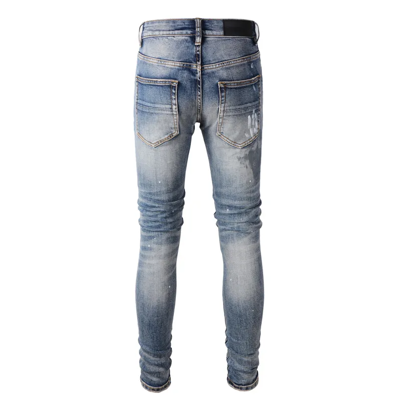High Street Fashion Men Jeans Retro Blue Elastic Slim Fit Destroyed Ripped Jeans Men Beading Patch Designer Brand Hip Hop Pants - Image 3