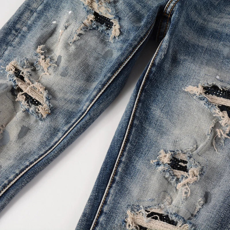 High Street Fashion Men Jeans Retro Blue Elastic Slim Fit Destroyed Ripped Jeans Men Beading Patch Designer Brand Hip Hop Pants - Image 4