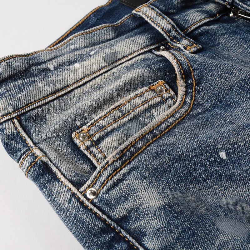 High Street Fashion Men Jeans Retro Blue Elastic Slim Fit Destroyed Ripped Jeans Men Beading Patch Designer Brand Hip Hop Pants - Image 5