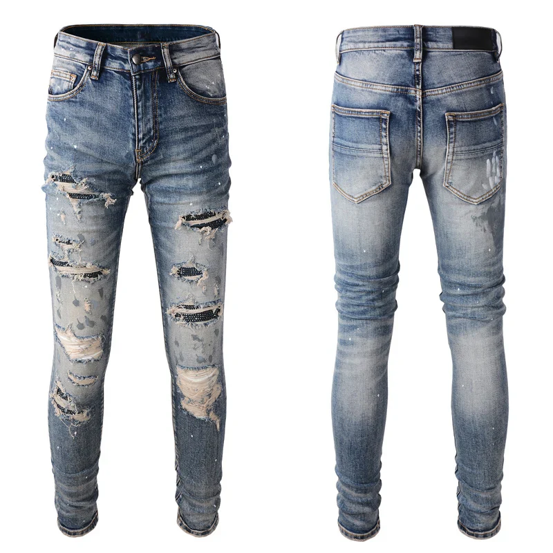 High Street Fashion Men Jeans Retro Blue Elastic Slim Fit Destroyed Ripped Jeans Men Beading Patch Designer Brand Hip Hop Pants - Image 7