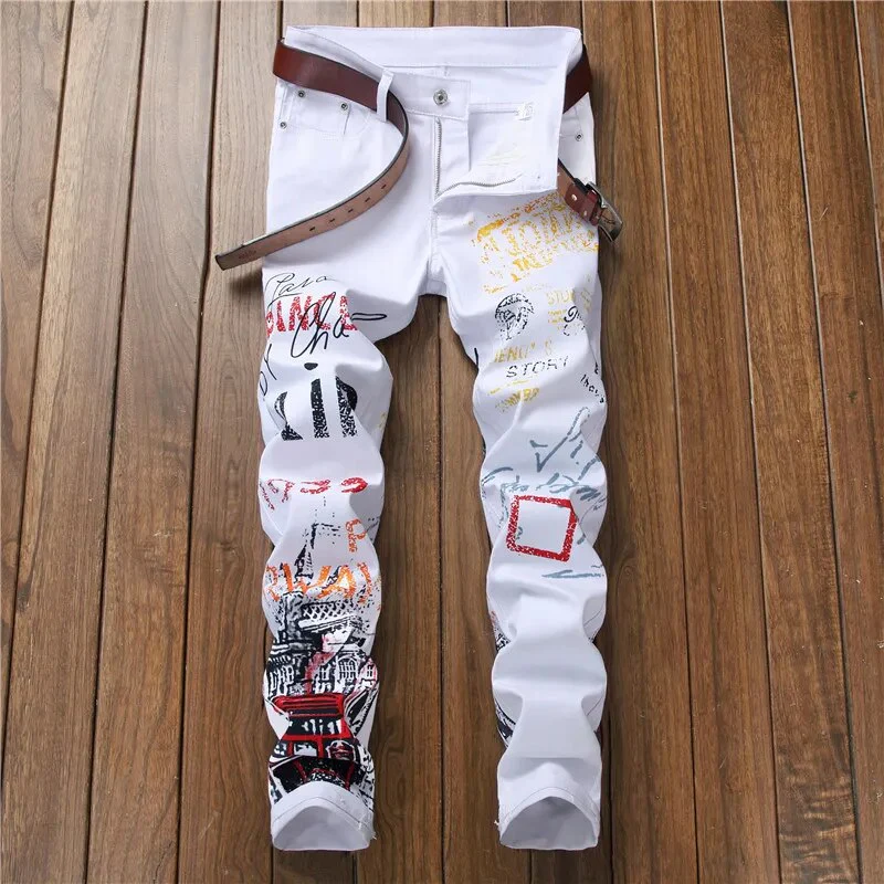High Street Fashion Mens Jeans Night Club Black White Color Personal Designer Printed Jeans Men Punk Pants Skinny Hip Hop Jeans - Image 2