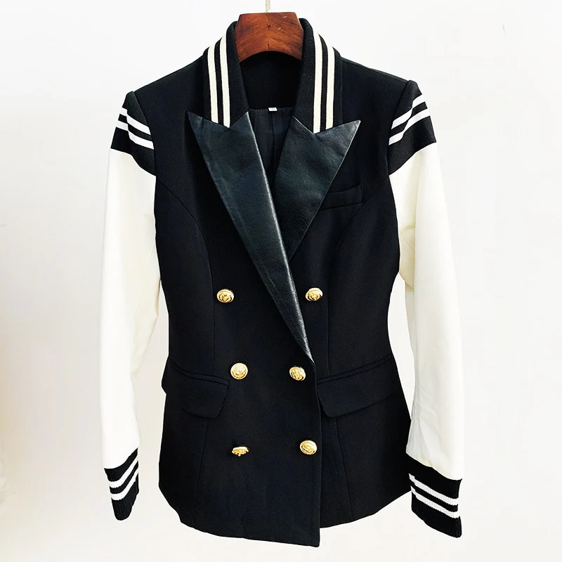 HIGH STREET New Fashion 2023 Stylish Blazer Varsity Jacket Women's Leather Sleeve Patchwork Lion Buttons Blazer - Image 2