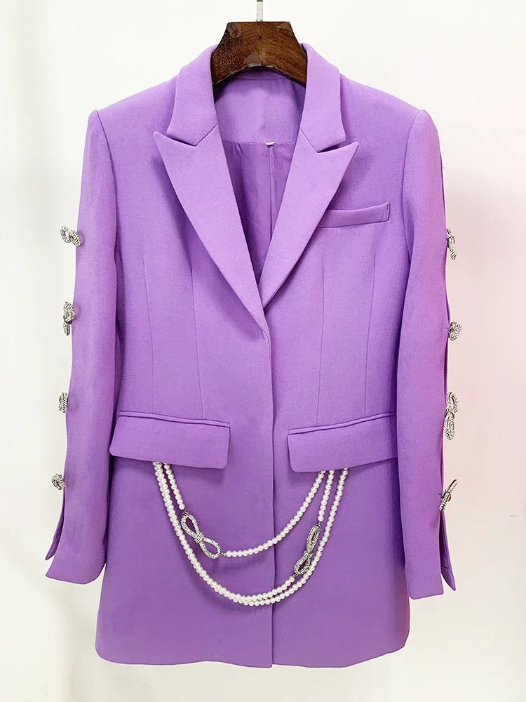 HIGH STREET Newest 2025 Designer Stylish Fashion Women's Pearls Chain Diamonds Beaded Hollow Out Bow Sleeve Blazer Dress - Image 12