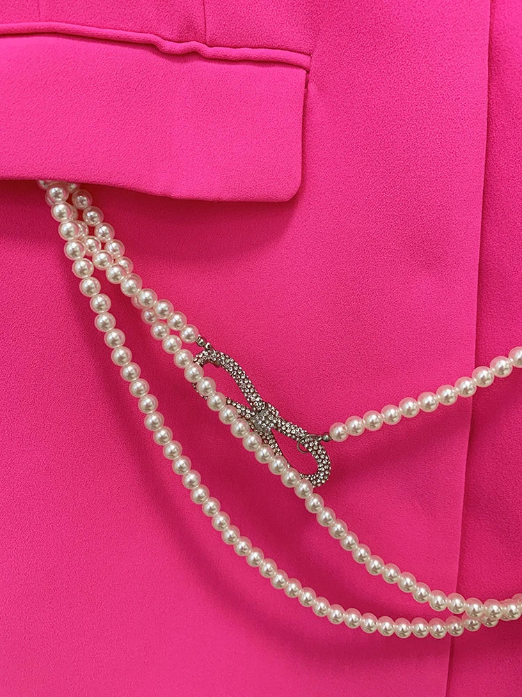 HIGH STREET Newest 2025 Designer Stylish Fashion Women's Pearls Chain Diamonds Beaded Hollow Out Bow Sleeve Blazer Dress - Image 5