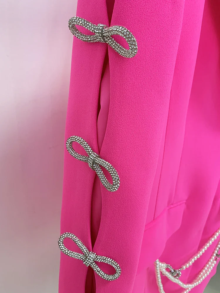 HIGH STREET Newest 2025 Designer Stylish Fashion Women's Pearls Chain Diamonds Beaded Hollow Out Bow Sleeve Blazer Dress - Image 6