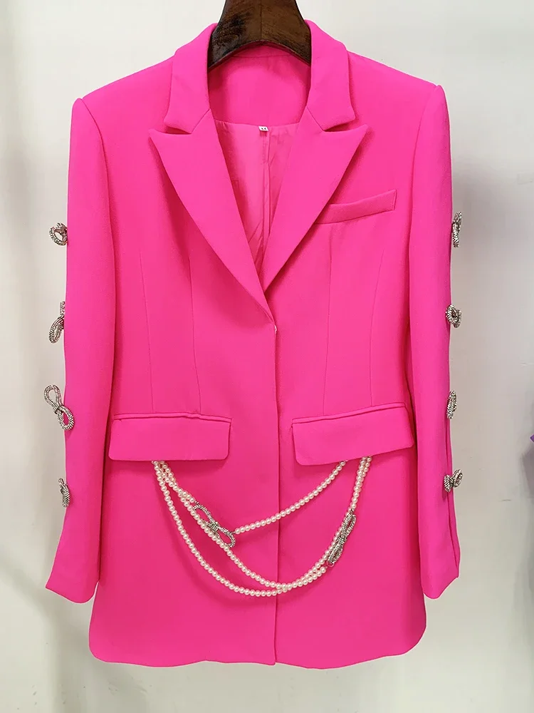HIGH STREET Newest 2025 Designer Stylish Fashion Women's Pearls Chain Diamonds Beaded Hollow Out Bow Sleeve Blazer Dress - Image 7