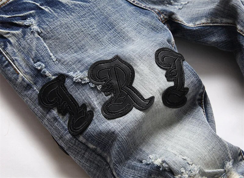 High Street Stretch Embroidery Men’s Jeans Ripped Streetwear Jeans Punk Style Pants for Man Slim Fashion Small Feet Men's Jeans - Image 4