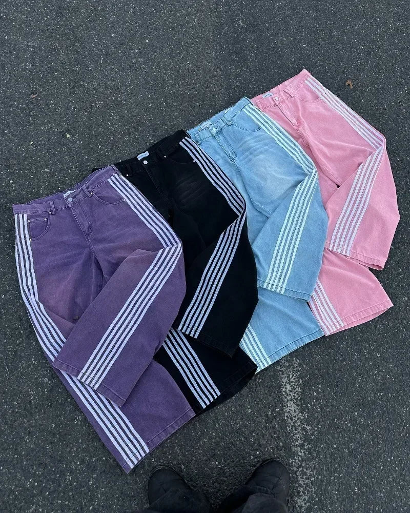 High Street Vintage striped embroidered high-waisted Jeans Men Women casual pants Harajuku Hip Hop Street baggy wide-leg jeans - Image 2