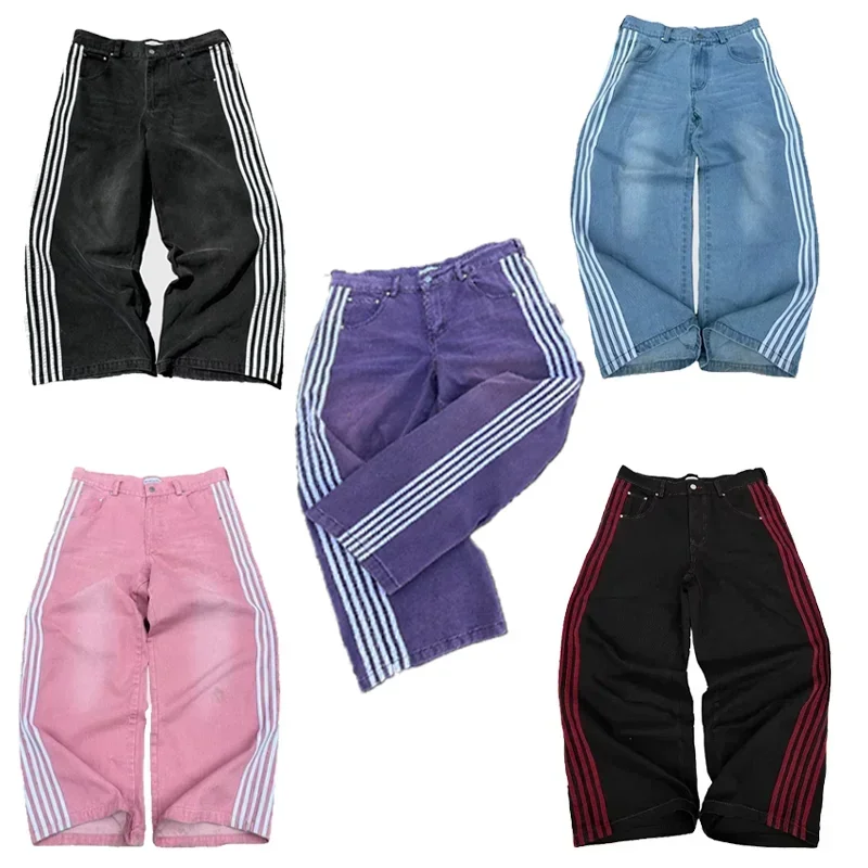 High Street Vintage striped embroidered high-waisted Jeans Men Women casual pants Harajuku Hip Hop Street baggy wide-leg jeans - Image 3