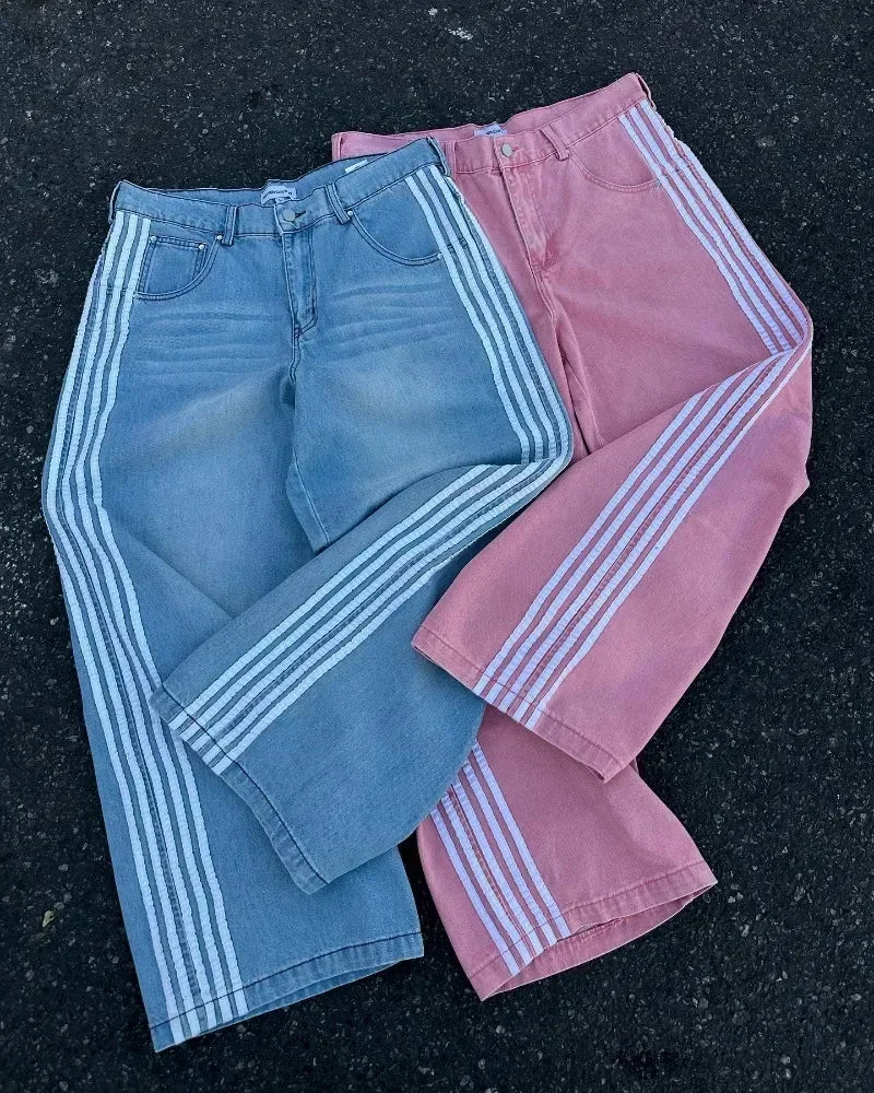 High Street Vintage striped embroidered high-waisted Jeans Men Women casual pants Harajuku Hip Hop Street baggy wide-leg jeans - Image 4
