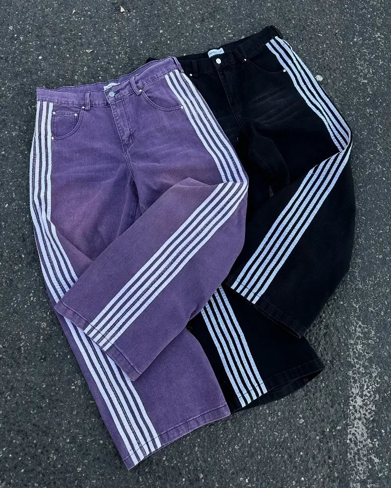 High Street Vintage striped embroidered high-waisted Jeans Men Women casual pants Harajuku Hip Hop Street baggy wide-leg jeans - Image 9