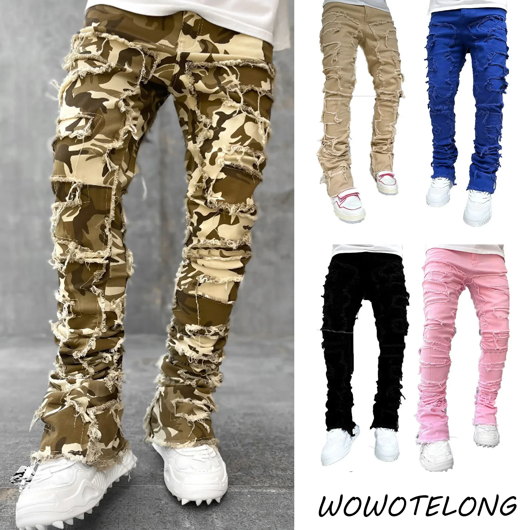 High Street White Men's Stacked Jeans Stretched Patchwork Tassel Damaged Denim Full Length Pants Hip-pop Trousers For Male ﻿ - Image 3
