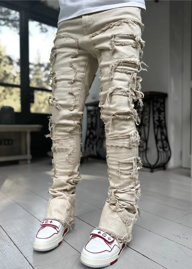 High Street White Men's Stacked Jeans Stretched Patchwork Tassel Damaged Denim Full Length Pants Hip-pop Trousers For Male ﻿ - Image 4