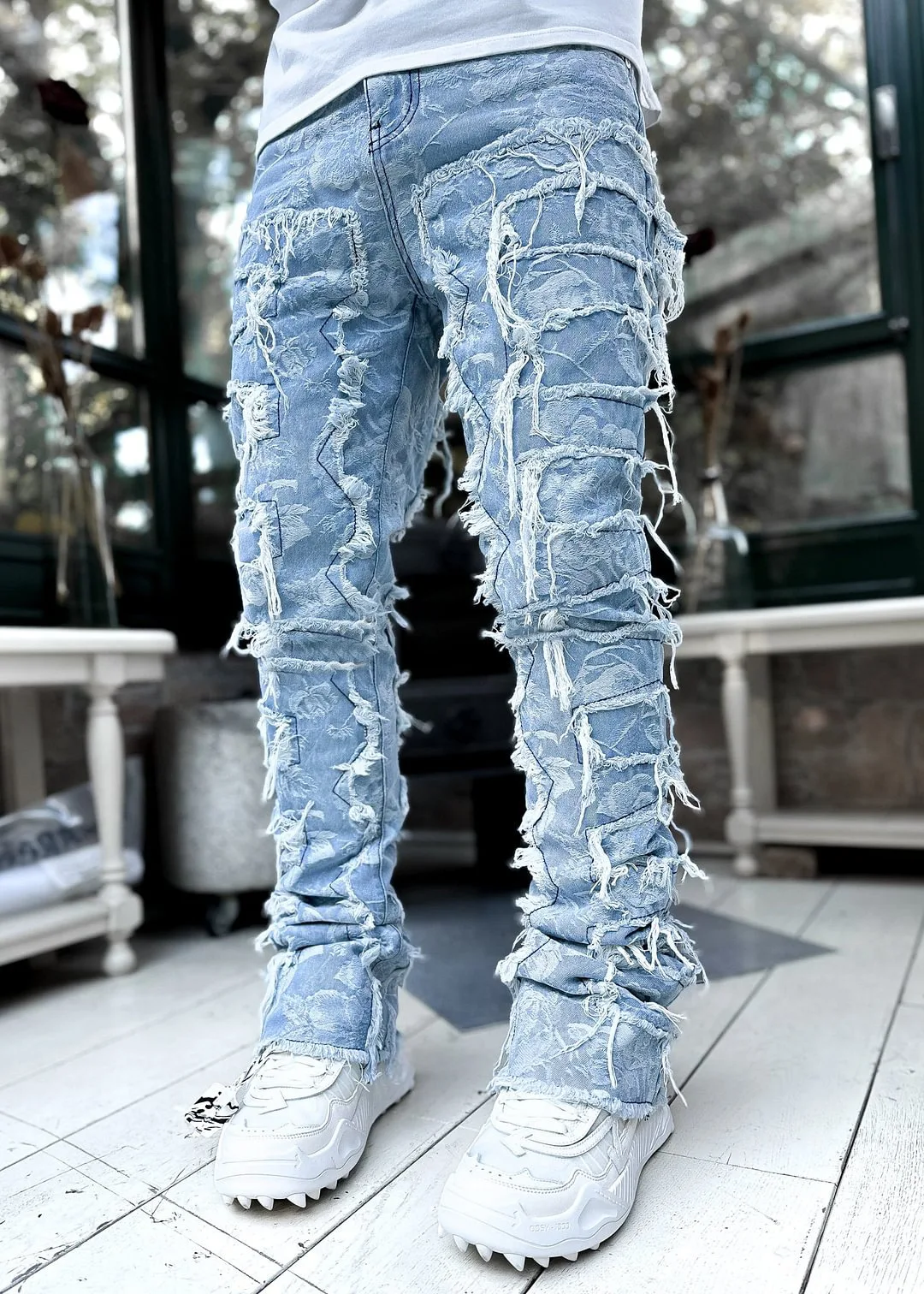 High Street White Men's Stacked Jeans Stretched Patchwork Tassel Damaged Denim Full Length Pants Hip-pop Trousers For Male ﻿ - Image 7