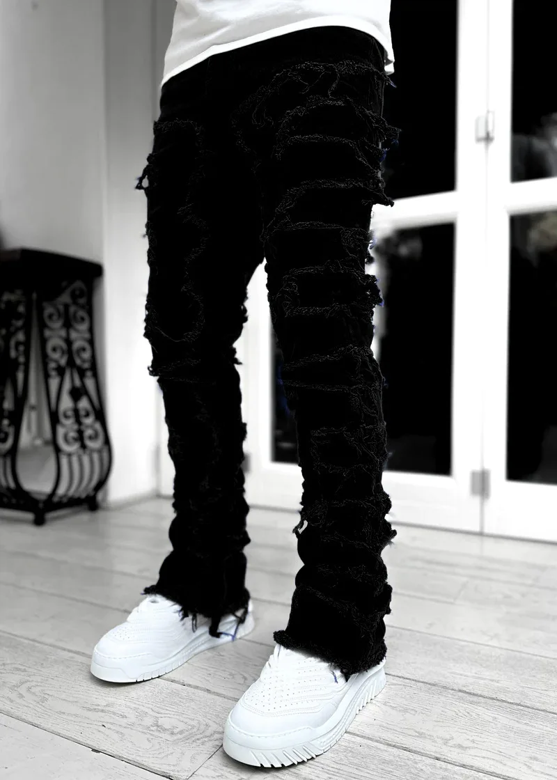 High Street White Men's Stacked Jeans Stretched Patchwork Tassel Damaged Denim Full Length Pants Hip-pop Trousers For Male ﻿ - Image 9