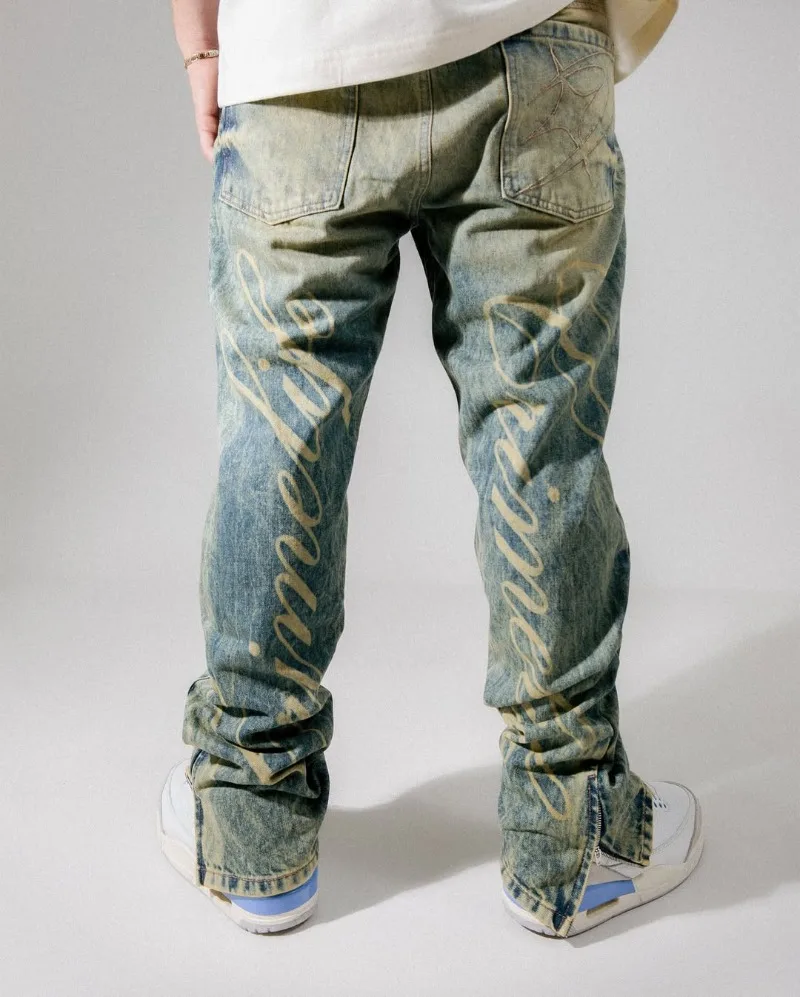 High Street Y2K Harajuku oversized English letter pattern zipper jeans retro hip hop gothic trendy versatile men pants