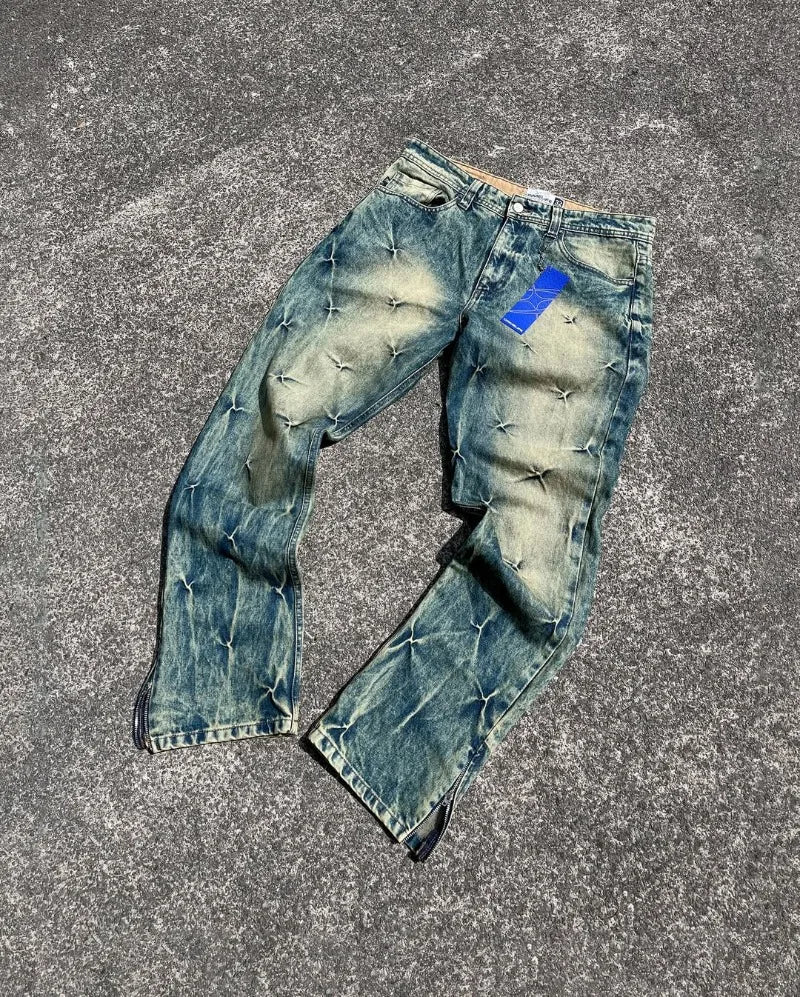 High Street Y2K Harajuku oversized English letter pattern zipper jeans retro hip hop gothic trendy versatile men pants - Image 3