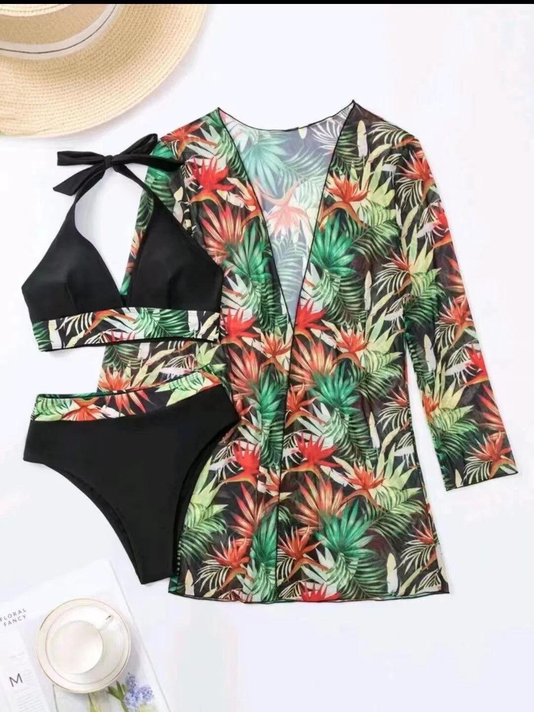 High Waist Multicolor Printed Long Sleeve Coverup Three Piece Bikini Split 2023 New Women Swimwear Female Bathing Suit Beachwear - Image 11
