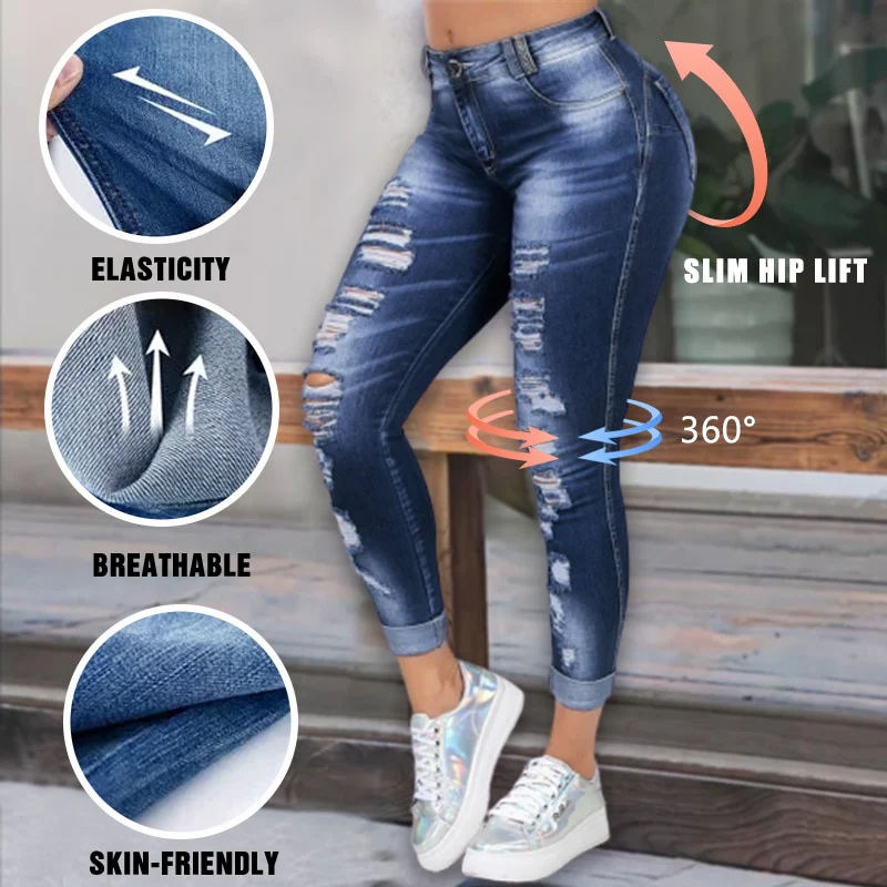 High Waist Skinny Ripped Jeans Women 2020 Fashion Trousers Washed Denim Jeans Hollow Hole Bleached Pencil Pants Plus Size S-6XL - Image 10