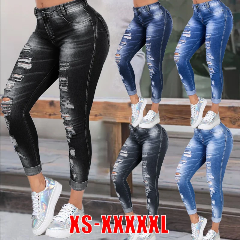 High Waist Skinny Ripped Jeans Women 2020 Fashion Trousers Washed Denim Jeans Hollow Hole Bleached Pencil Pants Plus Size S-6XL - Image 11