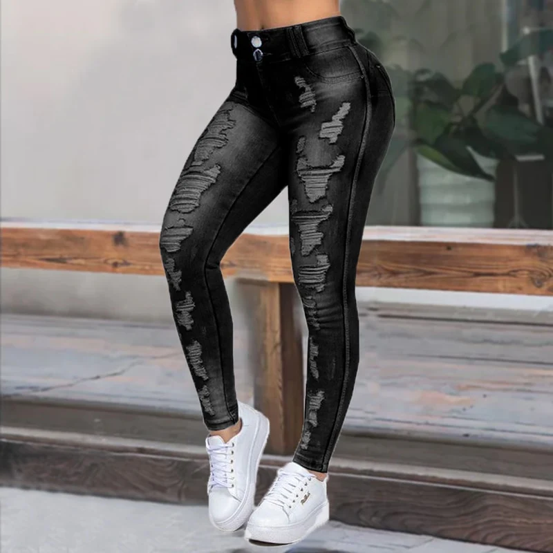 High Waist Skinny Ripped Jeans Women 2020 Fashion Trousers Washed Denim Jeans Hollow Hole Bleached Pencil Pants Plus Size S-6XL - Image 5