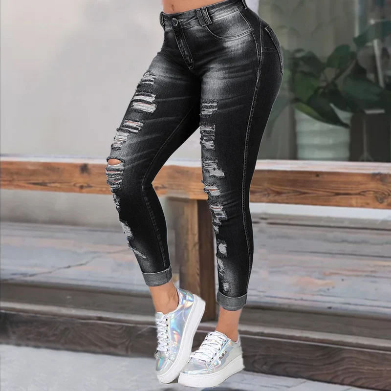 High Waist Skinny Ripped Jeans Women 2020 Fashion Trousers Washed Denim Jeans Hollow Hole Bleached Pencil Pants Plus Size S-6XL - Image 7