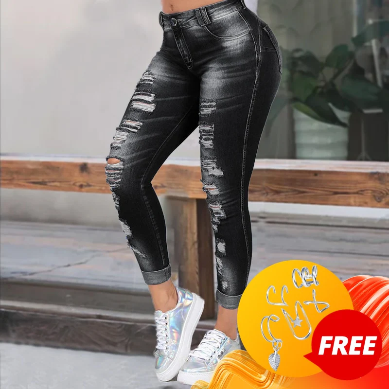 High Waist Skinny Ripped Jeans Women 2020 Fashion Trousers Washed Denim Jeans Hollow Hole Bleached Pencil Pants Plus Size S-6XL - Image 9