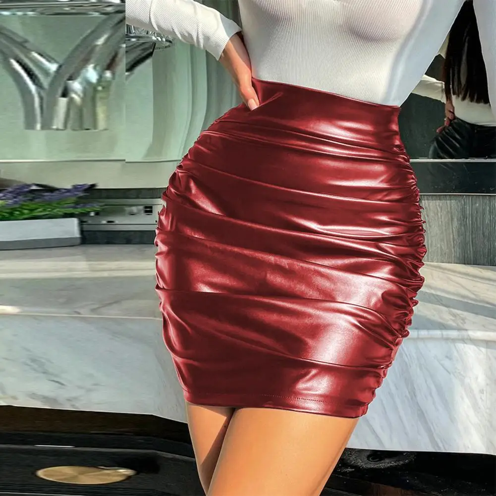 High Waist Skirt Skirt Clubwear Party Mini Skirt High Waist Faux Leather Sheath with Pleated Zipper Smooth Breathable for Women - Image 2