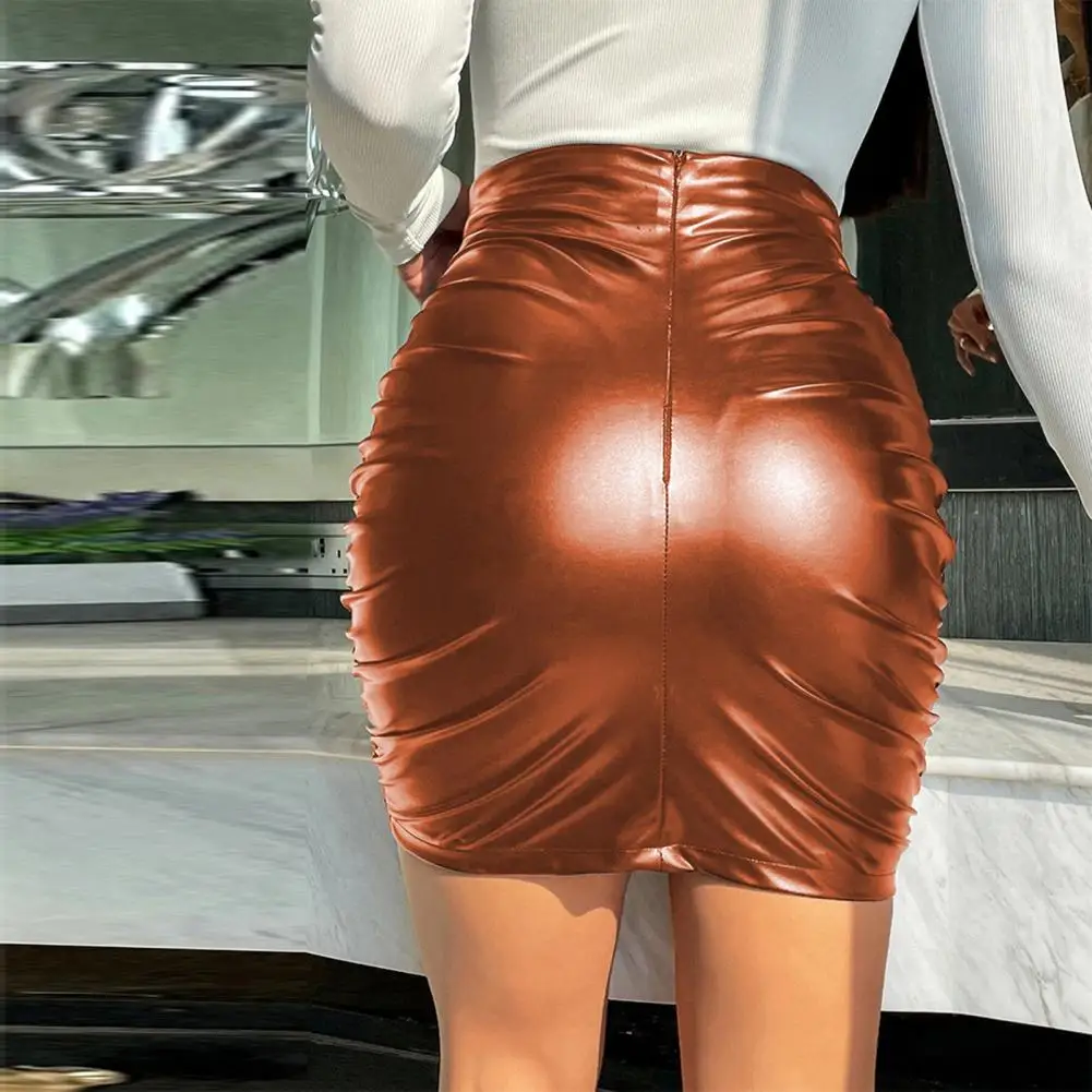 High Waist Skirt Skirt Clubwear Party Mini Skirt High Waist Faux Leather Sheath with Pleated Zipper Smooth Breathable for Women - Image 5