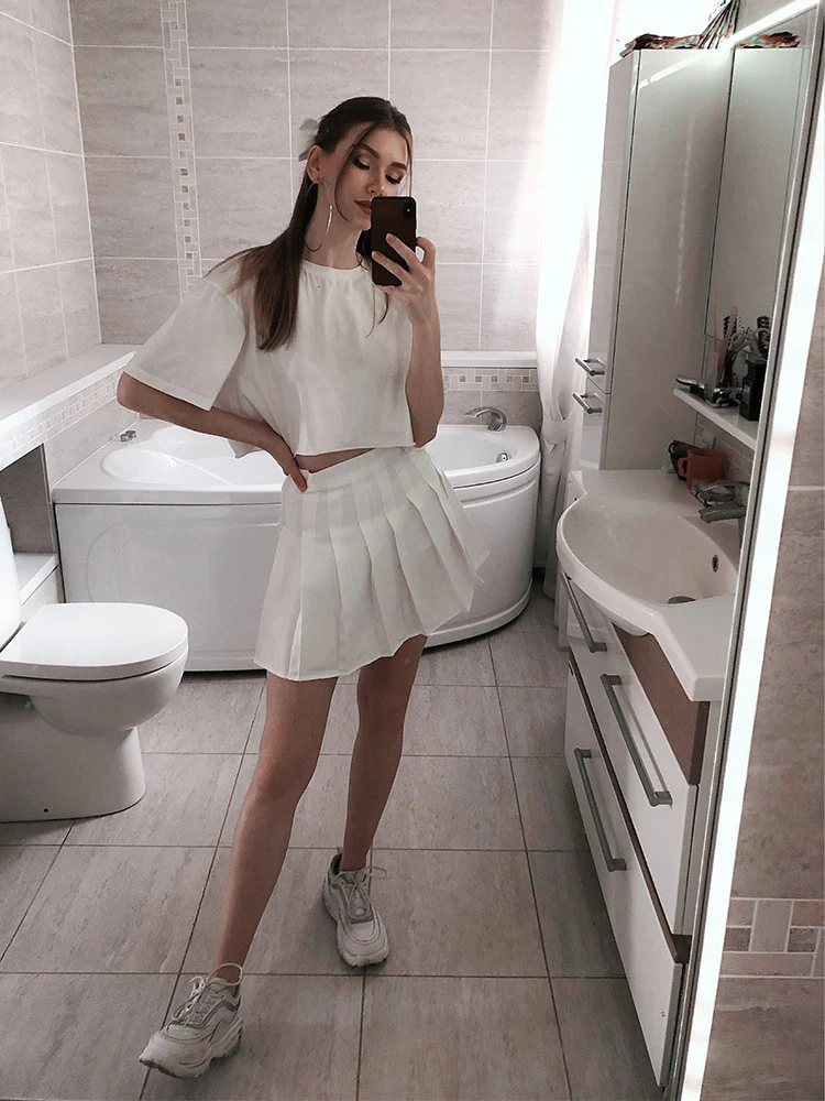 High Waist Solid Pleated Mini Skirt for Women Summer Spring Korean Preppy Style Fashion Cute A-line Skirts Y2K Skort Clothes - Image 4