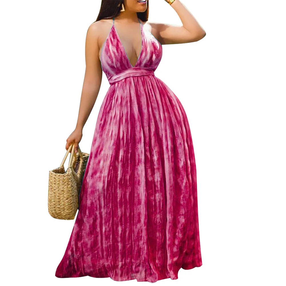 High Waist Spaghetti Strap Dress For Women Party Gowns 2022 Summer V-Neck Sling Sexy Print Long Dress Femme Robes Lady - Image 4