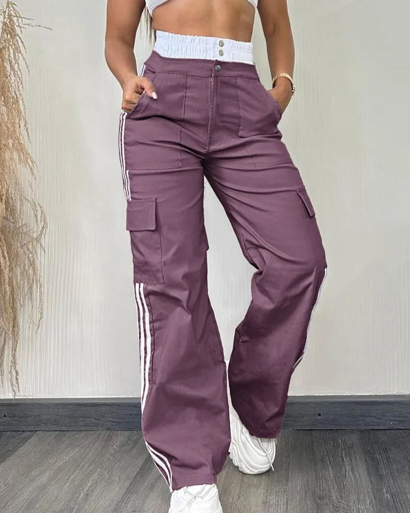 High Waist Stretchy Cargo Pants with Striped Tape Patch Shirred Design And Pockets for Women - Image 5