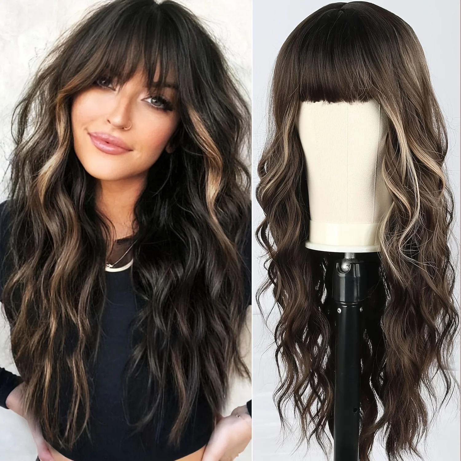 Highlight Long Curly Wavy Wig Synthetic Wig Beginners Friendly Heat Resistant Elegant For Daily Use Wigs For Women