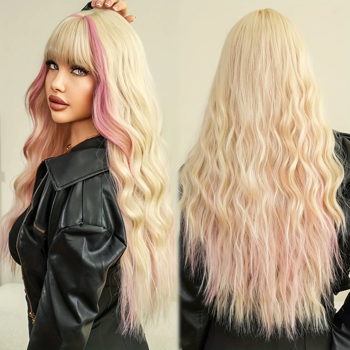 Highlight Long Curly Wavy Wig With Bangs Synthetic Wig Beginners Friendly Heat Resistant Elegant For Daily Use Wigs For Women - Image 10