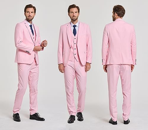 Hihawk Men's 3 Piece Suit with Stretch Fabric, Solid Slim Fit One Button Suit Blazer Set, Jacket Vest Pants with Tie. Light Pink Large - Image 4