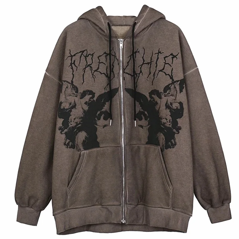 Hip Hop Streetwear kadınlar Hoodies Hoodies melek koyu baskı fermuarlı ceket ceket Harajuku Y2K kapşonlu üst giysi erkekler kadınlar Punk dış giyim