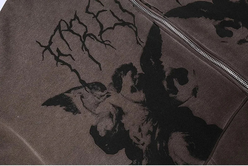 Hip Hop Streetwear kadınlar Hoodies Hoodies melek koyu baskı fermuarlı ceket ceket Harajuku Y2K kapşonlu üst giysi erkekler kadınlar Punk dış giyim - Image 5