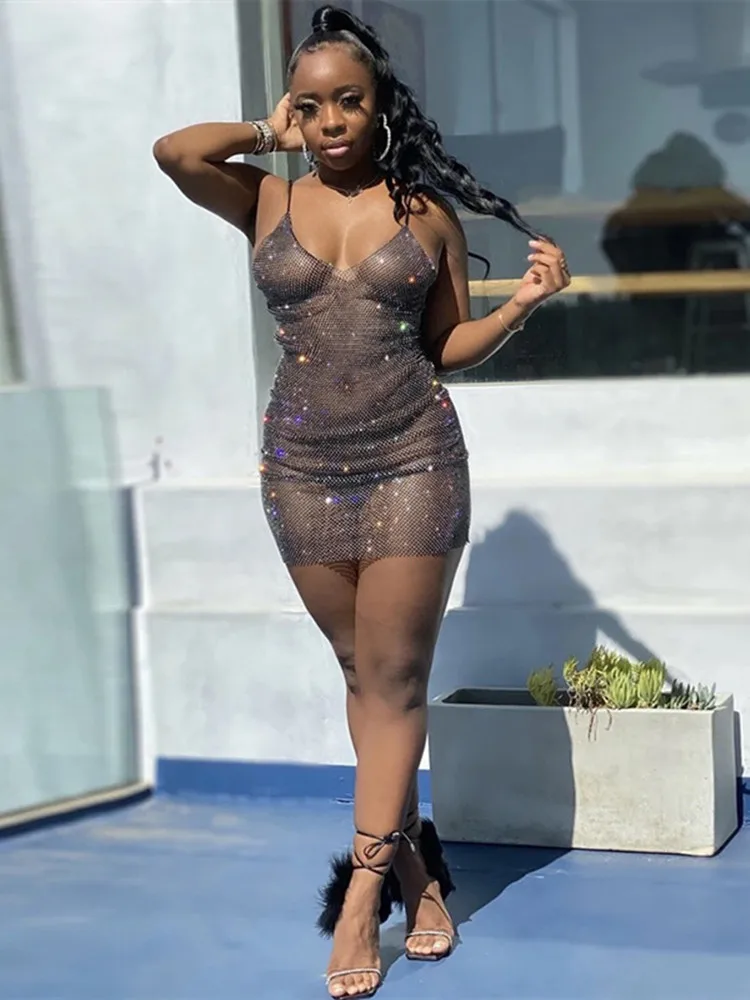 hirigin Women Rhinestone Glitter Sheer Mesh Dress Spaghetti Strap V Neck See Through Sequin Mini Dress Shiny Cover Up Dress - Image 2