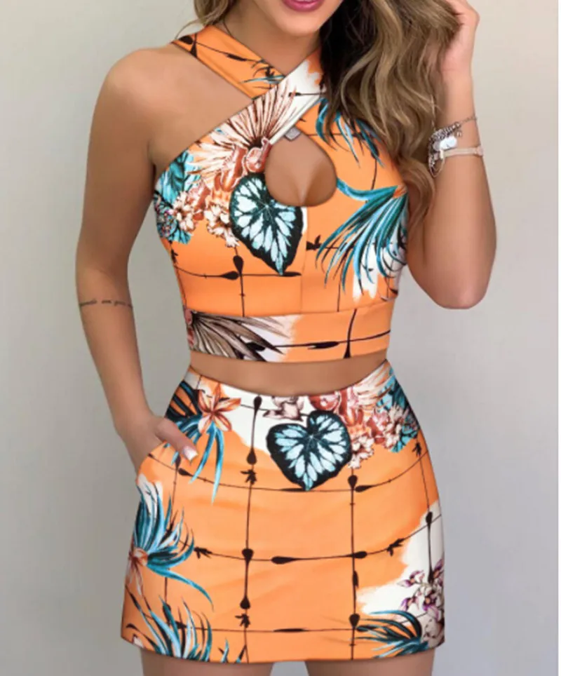 hirigin Women Shorts Suits 2Pieces Sets Summer Office Lady Floral Strap Tank Crop Top+High Waist Button Shorts Female Outfits - Image 12