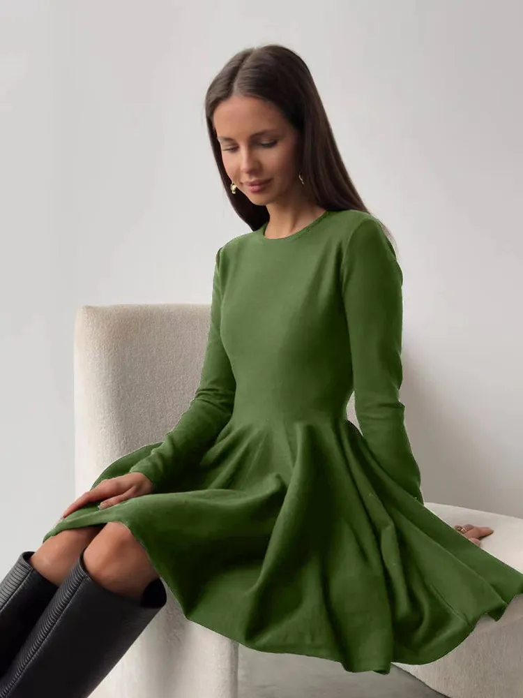 Hirsionsan Elegant Long Sleeve Mini Dress Sweater Women Winter O Neck Tight Sexy Chic Pleated Skirt Basic Female Knit Jumper - Image 3